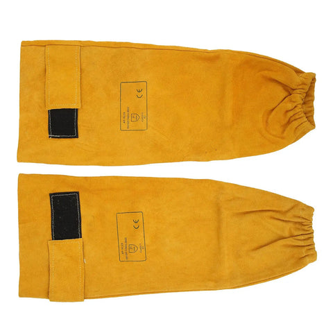 Rugged Cowhide Welding Sleeves For Men With Badass Spark And Spatter Defense Adjustable Buckle Soft Cotton Lining, yellow arm shields.