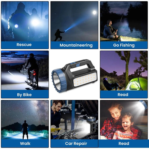 Collage showing Go To Solar Powered Flashlight With 8000 Lumens for various uses like mountaineering, biking, and car repair