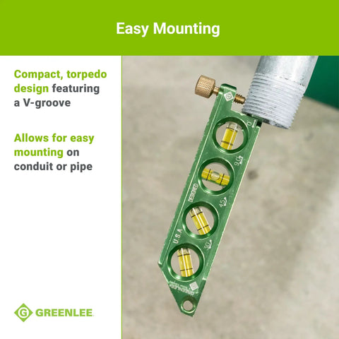 Mini Magnetic Bubble Level With Conduit Bending Offset Aid Four Large Vials attached to pipe for accurate offsets