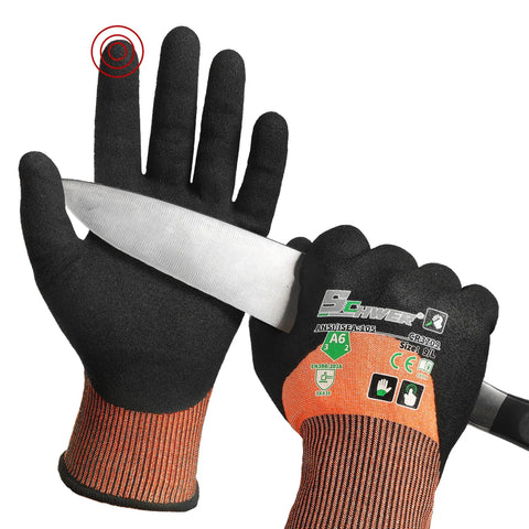 ANSI A6 Cut Resistant Work Gloves With Three Quarters Nitrile Coating Built Tough For Woodworking Metal Cutting Glass Handling And Construction Touchscreen Ready Size Large One Pair on hands with knife test.