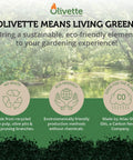 Eco-friendly gardening benefits with Olivette, showing recycled olive use, chemical-free production, and carbon-neutral impact.