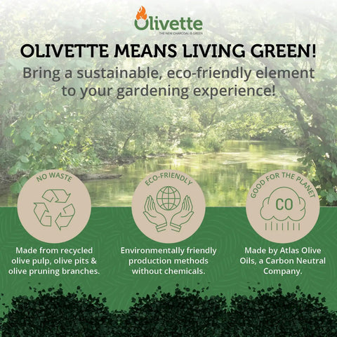 Eco-friendly gardening benefits with Olivette, showing recycled olive use, chemical-free production, and carbon-neutral impact.