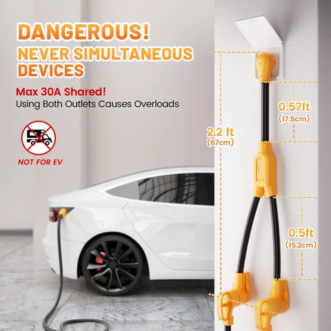 NEMA 14-30P To 2X 14-30R Dryer Splitter Y Adapter Cord For Modern Four Prong Outlets With Level 2 EV Charger Hookup No Sweat Setup Straight Shooter 30 Amp Shared Power ETL Certified, mounted splitter cord beside a car.
