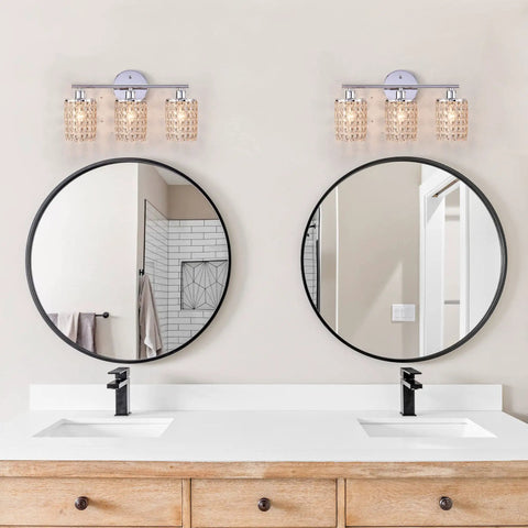 Bathroom with two 3 Light Crystal Vanity Sconce Over Mirror With Nickel Finish For Bathroom Hallway Living Room And Bedroom Decor Modern Wall Light Fixtures