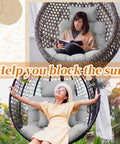 Two views of the Hanging Egg Chair Cushion Set With Headrest Pillow, Waterproof Replacement Pad For Indoor Outdoor Patio Porch Swing Hammock, 28x39x6 Inch Seat Cushion And 16x9 Inch Headrest, Elastic Straps, Gray in use.
