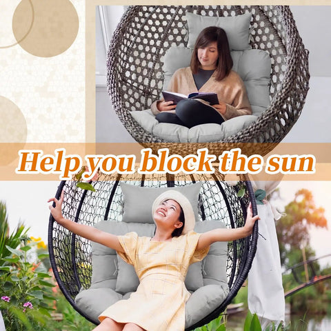 Two views of the Hanging Egg Chair Cushion Set With Headrest Pillow, Waterproof Replacement Pad For Indoor Outdoor Patio Porch Swing Hammock, 28x39x6 Inch Seat Cushion And 16x9 Inch Headrest, Elastic Straps, Gray in use.