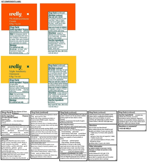 Front view of Welly first aid kit labels: Hydrocortisone cream on orange, Triple Antibiotic Ointment on yellow with drug facts.