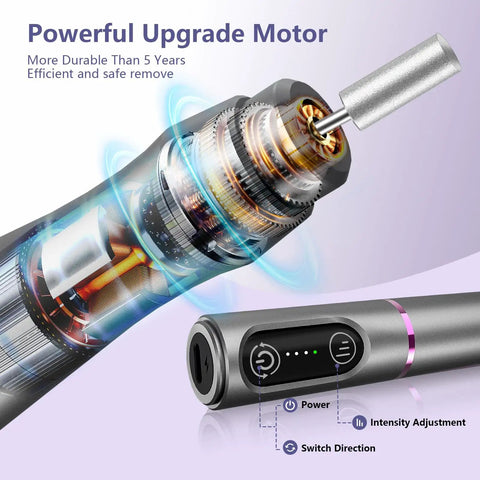 Powerful upgrade motor of Totally Dope Cordless Nail Drill Kit, showcasing control panel and tool details for effective manicures.
