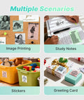 Portable Mini Sticker Printer With Three Thermal Rolls Compact Wireless Label Maker For Teachers And Craft Crews printing images and labels on various items.