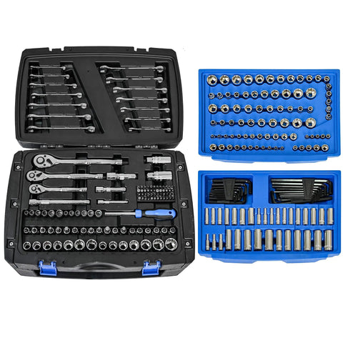 Durable Hand Tool Box With 266 Piece Universal Tool Set For Home And Garage showing wrenches and sockets in blue case