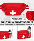 Rugged First Aid Fanny Pack With MOLLE System Lifeguard Emergency Medical Waist Bag For Hiking Camping And Work Includes Whistle D Ring Front Patch Panel Red, showing front view and bottle compatibility.