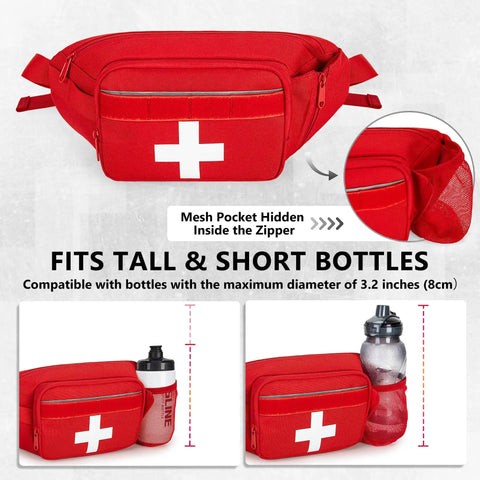 Rugged First Aid Fanny Pack With MOLLE System Lifeguard Emergency Medical Waist Bag For Hiking Camping And Work Includes Whistle D Ring Front Patch Panel Red, showing front view and bottle compatibility.