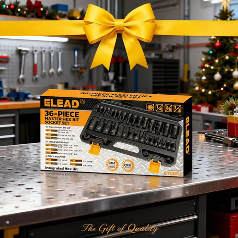 Impact Hex Socket Set 36-Piece With Adapters displayed in workshop with tools and holiday decor