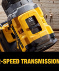 Close-up of 20V Max XR Brushless Cordless Drill And Driver Kit showcasing the 2-speed transmission with compact design.