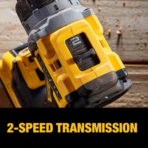 Close-up of 20V Max XR Brushless Cordless Drill And Driver Kit showcasing the 2-speed transmission with compact design.