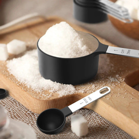 Measuring Cups And Spoons Set Nesting Stackable With Stainless Steel Handles For Cooking And Baking, Rust Resistant Kitchen Gadgets That Make Measuring A Breeze, Includes Five Cups And Five Spoons, Black, with sugar in measuring cup