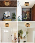 Three Light Woven Rattan Flush Mount Ceiling Light Fixture With Handwoven Cage Shade in different room settings for cozy vibe.