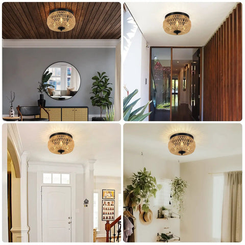 Three Light Woven Rattan Flush Mount Ceiling Light Fixture With Handwoven Cage Shade in different room settings for cozy vibe.