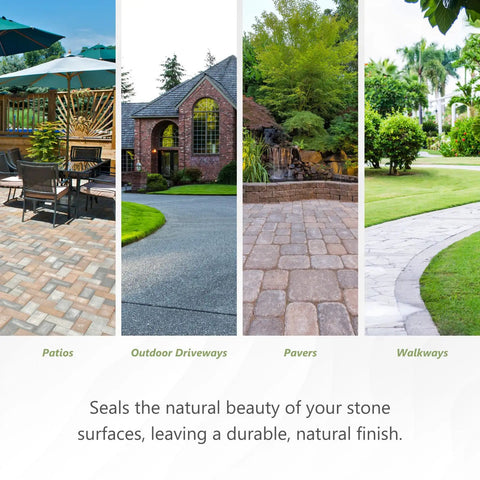 Top Shelf Paver And Concrete Sealant For Outdoor Driveways And Patios waterproofed patios, driveways, pavers, and walkways in a sunny outdoor setting.