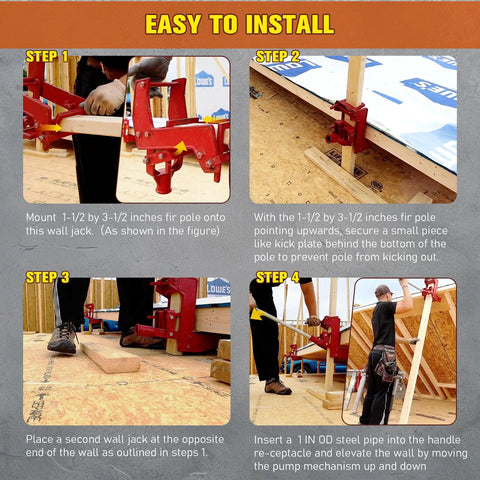 Step-by-step guide showing Two Pack Malleable Iron Wall Jacks For Framing Lifting Heavy Beams And Tightening Flooring for installation.