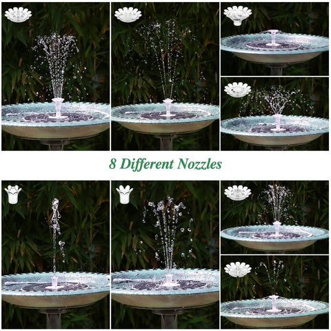 Six Point Five Watt Solar Fountain Pump with Color Changing LED Lights 3000mAh Battery Backup 10 Nozzles displayed in garden