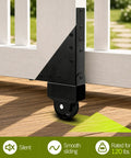 Sliding Gate Hardware Kit For Wooden Fence And Deck Gate Heavy Duty Rolling Gate Kit With Wheels Anti Sag Corner Brackets Guide Rollers And Self Locking Latch Adjustable Fit For 1 To 2 Inch Gates; black wheel bracket on white wood gate, rated 120 lbs