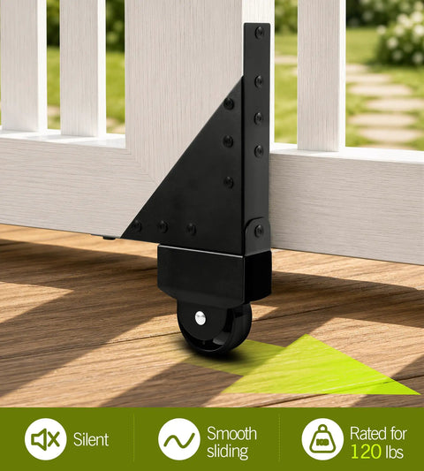 Sliding Gate Hardware Kit For Wooden Fence And Deck Gate Heavy Duty Rolling Gate Kit With Wheels Anti Sag Corner Brackets Guide Rollers And Self Locking Latch Adjustable Fit For 1 To 2 Inch Gates; black wheel bracket on white wood gate, rated 120 lbs