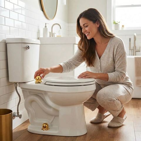 Woman installing Darn Slick Ceramic Gold Octopus Toilet Bolt Caps on toilet for decorative finish in bathroom.