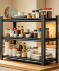 32 Inch Tall Metal Kitchen Storage Shelf With 3 Tier Adjustable Bakers Rack Organizers on counter with jars and dishes