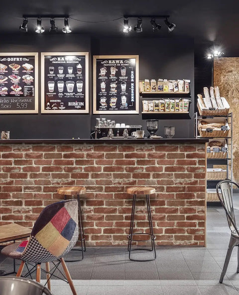 Cafe interior with counter covered in Red Brick Peel And Stick Wallpaper Self Adhesive Waterproof Removable Vinyl Wall Covering.