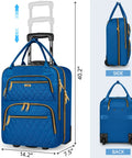 Underseat Carry On Luggage With Wheels, blue suitcase with telescoping handle, durable waterproof polyester, side and back view