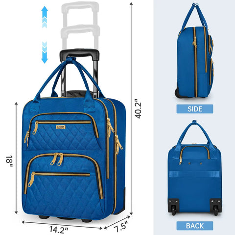 Underseat Carry On Luggage With Wheels, blue suitcase with telescoping handle, durable waterproof polyester, side and back view