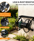 Garden Hose Reel Wall Mounted With 175 Ft Capacity For Three Quarter Inch Hose Heavy Duty Space Saving Rolling Design Metal Outdoor Use No Leak No Rust Powder Coated Build Perfect For Planting Pets Cleaning Car Wash mounted on garden wall.