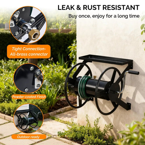 Garden Hose Reel Wall Mounted With 175 Ft Capacity For Three Quarter Inch Hose Heavy Duty Space Saving Rolling Design Metal Outdoor Use No Leak No Rust Powder Coated Build Perfect For Planting Pets Cleaning Car Wash mounted on garden wall.