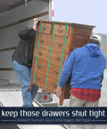 Movers securing dresser with 48 Pack Heavy Duty Mover Bands For Furniture And Moving Blankets Extra Large Rubber Straps.