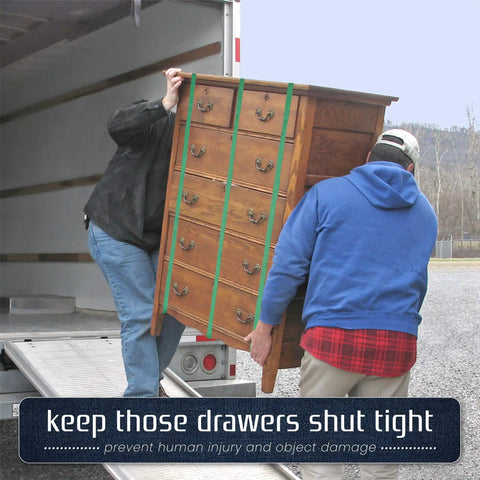 Movers securing dresser with 48 Pack Heavy Duty Mover Bands For Furniture And Moving Blankets Extra Large Rubber Straps.
