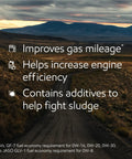 Top Shelf Full Synthetic Motor Oil 0W20 Five Quint Container Cracks Gas Mileage With Smart Fuel Formula benefits on a scenic road.