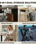 Heavy Duty Clamp On Desk Hook For Bags And Backpacks With Anti Slip Grip Extended Clearance Bag Holder shown in various settings
