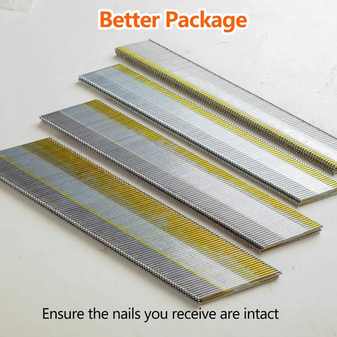 Top Tier SS304 Stainless Steel Finish Nails 15 Gauge 34 Degree Angled Head 1 1/2 Inch Long Corrosion Resistant Rust Proof Woodworking Fasteners 1000 Count stacked in a row.