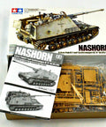 Beefy 1/35 Nashhorn Heavy Tank Destroyer Kit With Four Winter Figures, box, instructions, parts, and beige finish.