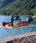 Insulated Reusable Lunch Box With Side Pocket And Detachable Handle for work, picnic, camping on outdoor table by lake