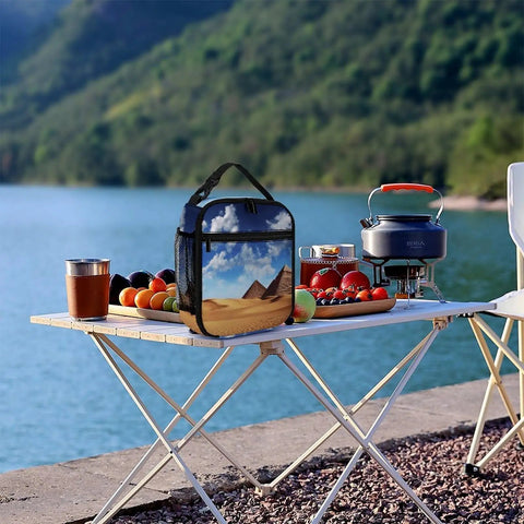 Insulated Reusable Lunch Box With Side Pocket And Detachable Handle for work, picnic, camping on outdoor table by lake