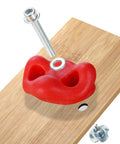 Gear Up And Crush Your Next Session With This Solid Rock Climbing Holds Kit Featuring Twenty Five Multi Colored Grips Paired With A Heavy Duty Knotted Rope Plus Full Mounting Hardware Ready For All Day Wall Workouts, red grip mounted on wood.