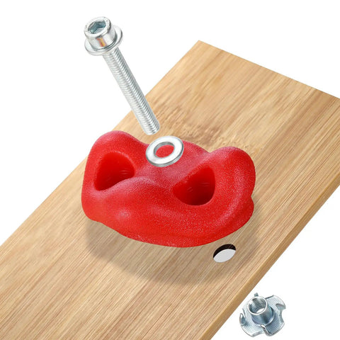 Gear Up And Crush Your Next Session With This Solid Rock Climbing Holds Kit Featuring Twenty Five Multi Colored Grips Paired With A Heavy Duty Knotted Rope Plus Full Mounting Hardware Ready For All Day Wall Workouts, red grip mounted on wood.