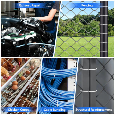 Heavy Duty Stainless Steel Cable Tie Gun Kit with 304 Zip Ties for various uses, including exhaust repair, fencing, and cable bundling.