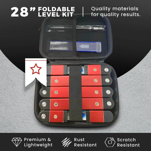 Foldable 28 Inch Pro Grade Level Tool Set With Magnetic Bubble Level All In One Multi Angle 45 90 180 Carrying Case.