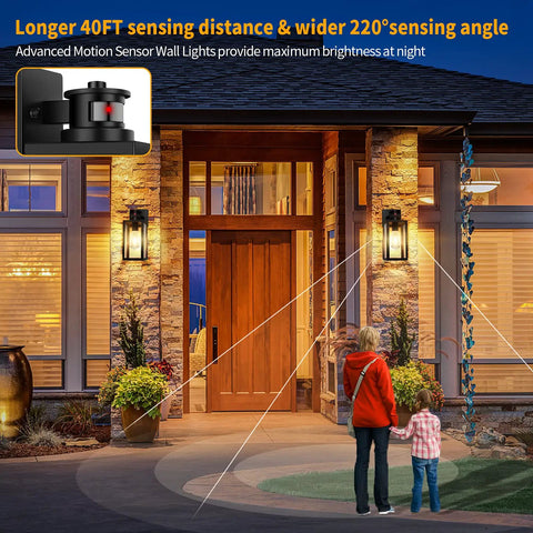 Two Pack Motion Sensor Outdoor Lights Dusk To Dawn Wall Mount Fixtures For Porch And Garage Exterior Black Lantern Sconces With Clear Glass Auto On At Dusk Off At Dawn Weatherproof And Easy To Install