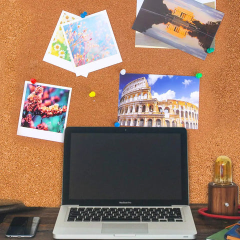 Killer 600 Color Push Pins With Solid Steel Points For Bulletin Boards Maps And Office Desks Sweet 1 Inch Standard Thumb Tacks pinned to corkboard with photos.