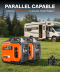 2300W Inverter Generator For Camping And RVs Portable Beast Power With Super Quiet Operation shown next to an RV, parallel use