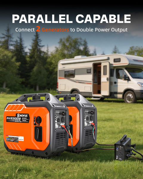 2300W Inverter Generator For Camping And RVs Portable Beast Power With Super Quiet Operation shown next to an RV, parallel use